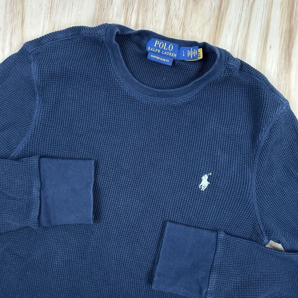 Polo Ralph Lauren Thermal Shirt Mens Large Slim‎ Fit Navy Blue Waffle Knit